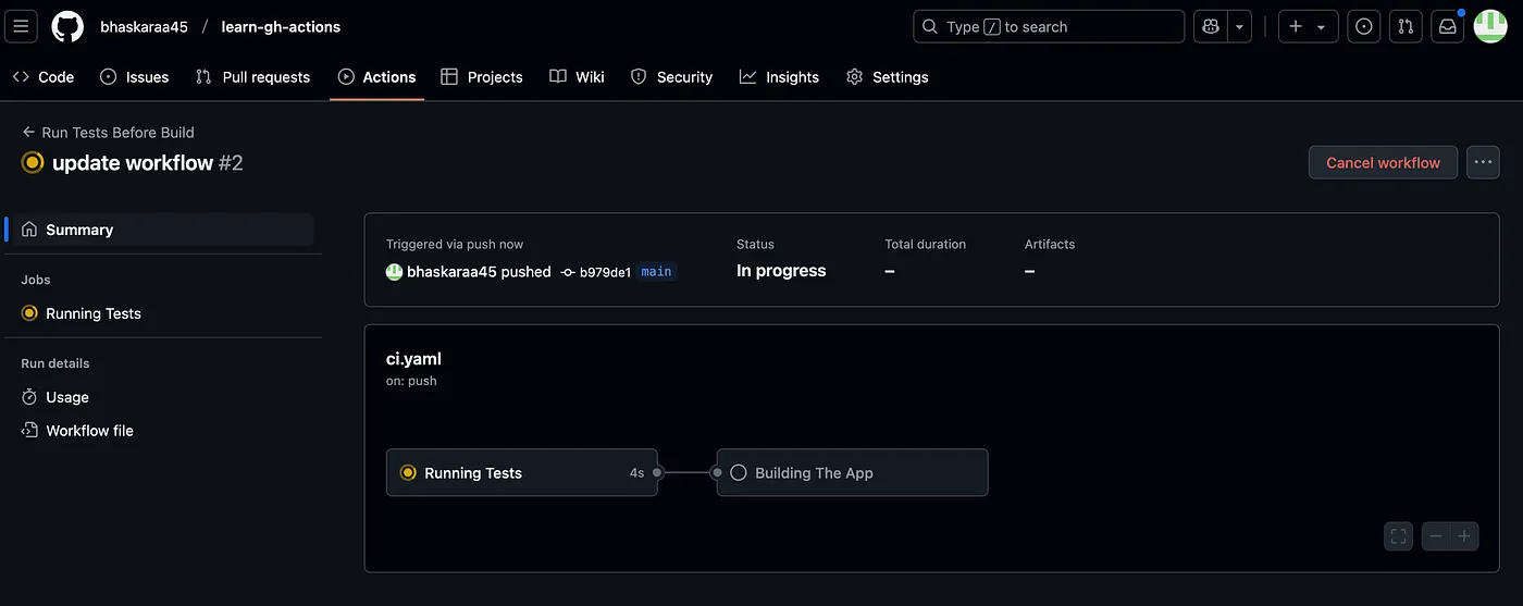 Actions tab with running workflow