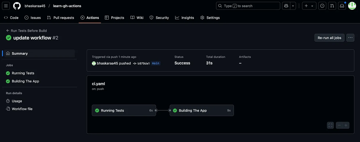 Actions tab after successful build